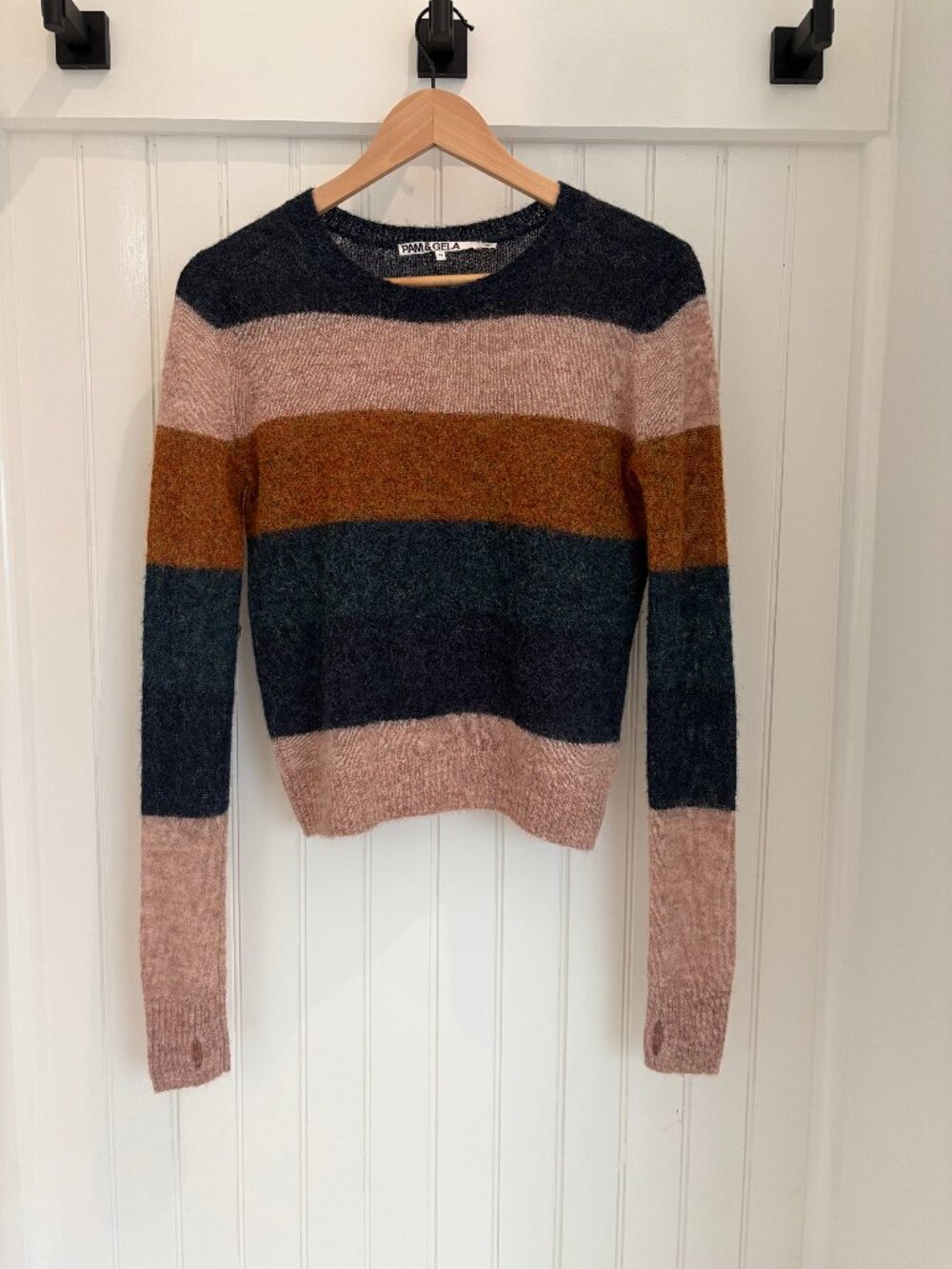 Pam & Gela Alpaca Wool Blend Striped Sweater Navy Rust Blush Size S Thumbholes